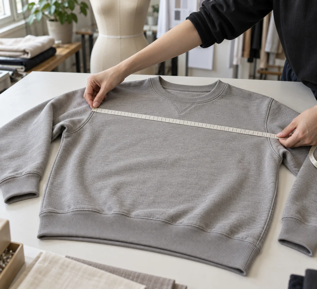 Technician measuring a sweatshirt laid flat beside a fit form