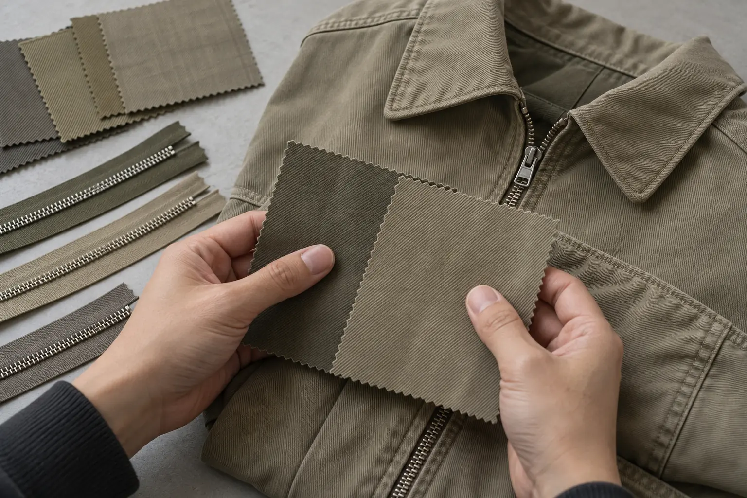 Fabric swatches and zipper components compared with a finished jacket under neutral lighting