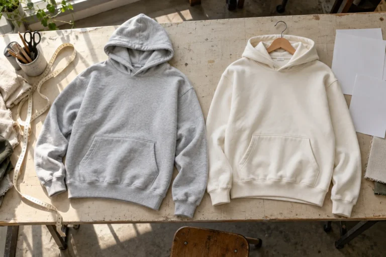 Photorealistic apparel development documentary photograph, overhead view of a sampling table with a plain cotton hoodie