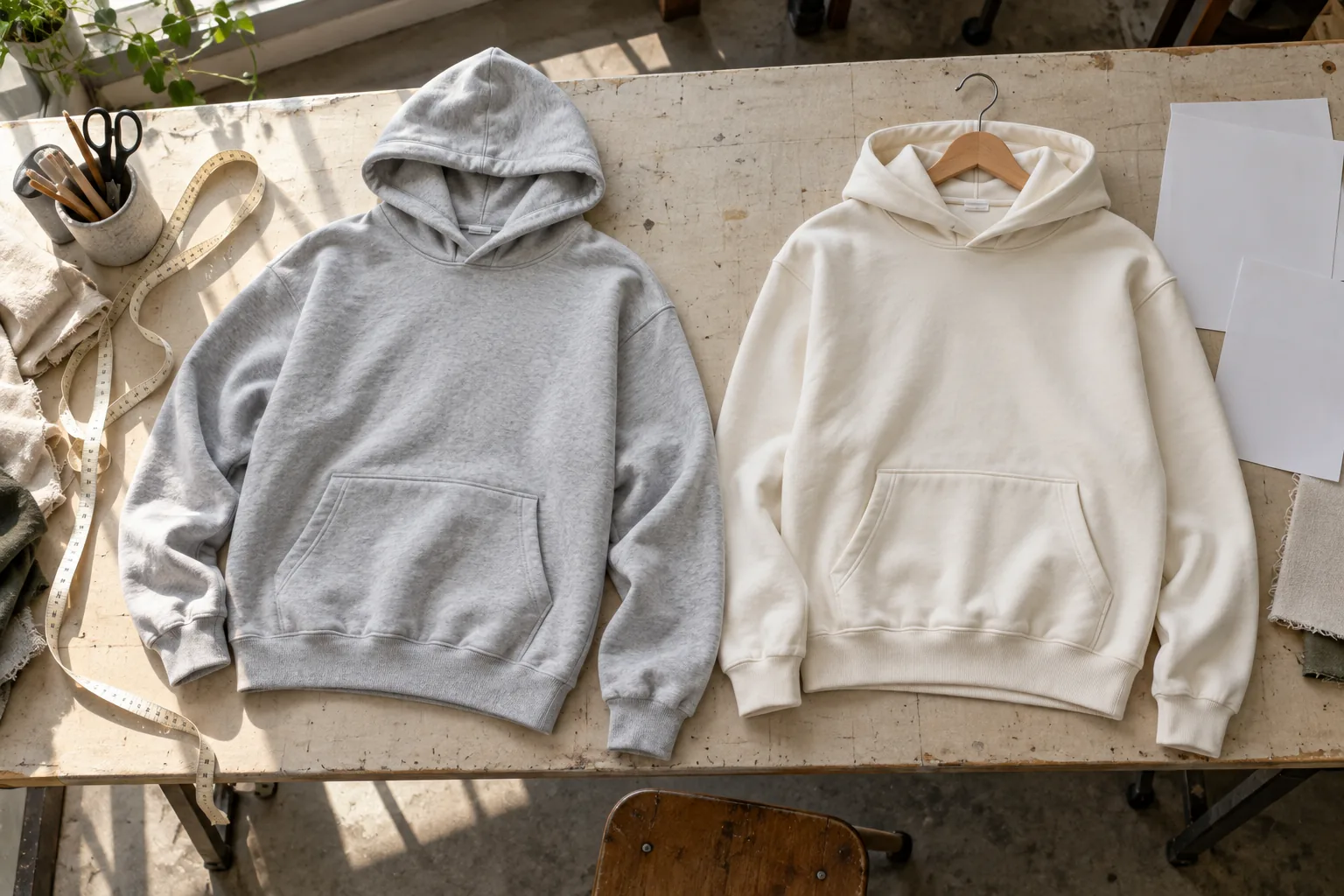 Photorealistic apparel development documentary photograph, overhead view of a sampling table with a plain cotton hoodie