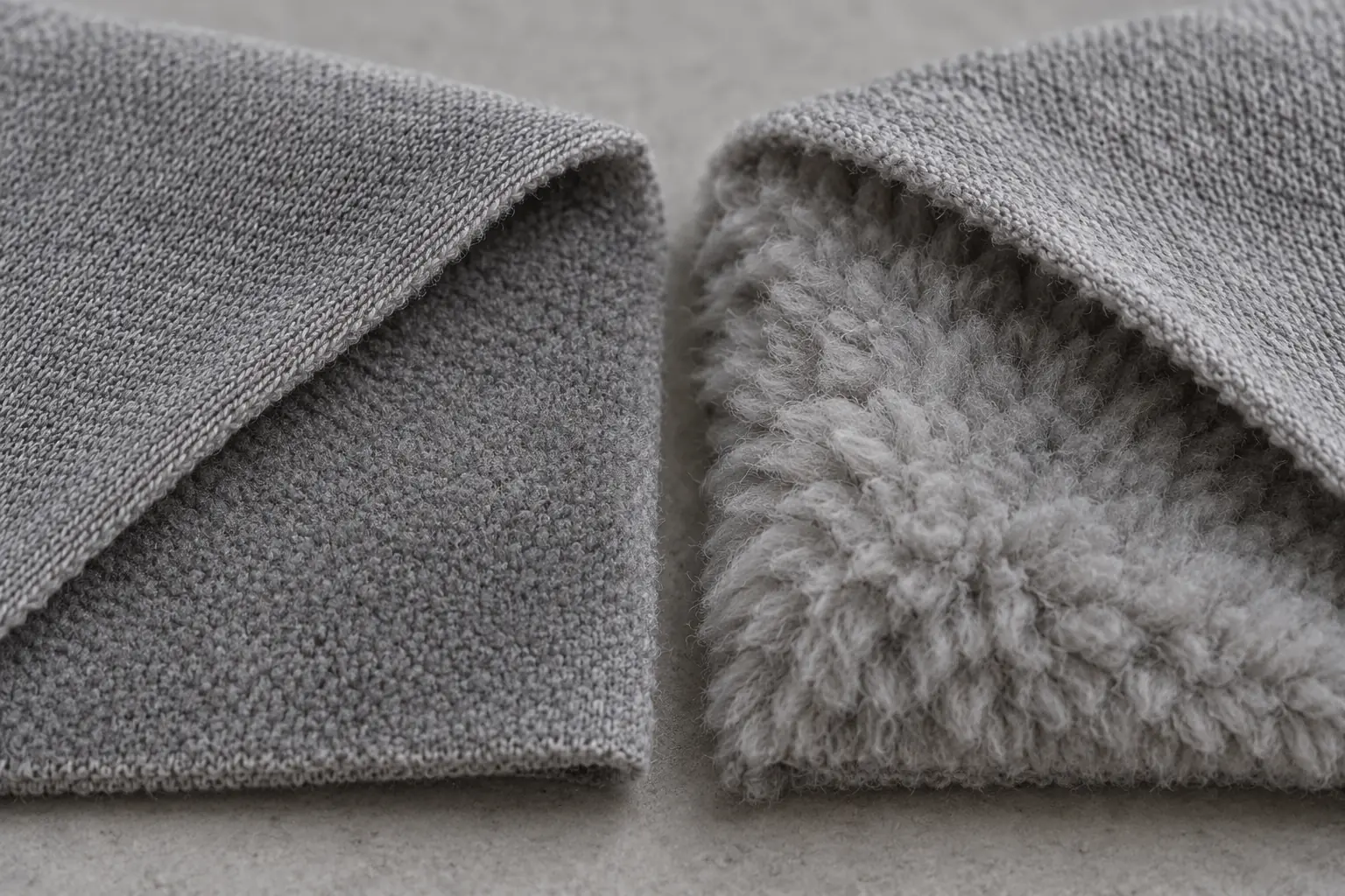 Close view of compact and lofty fleece surfaces in neutral colors