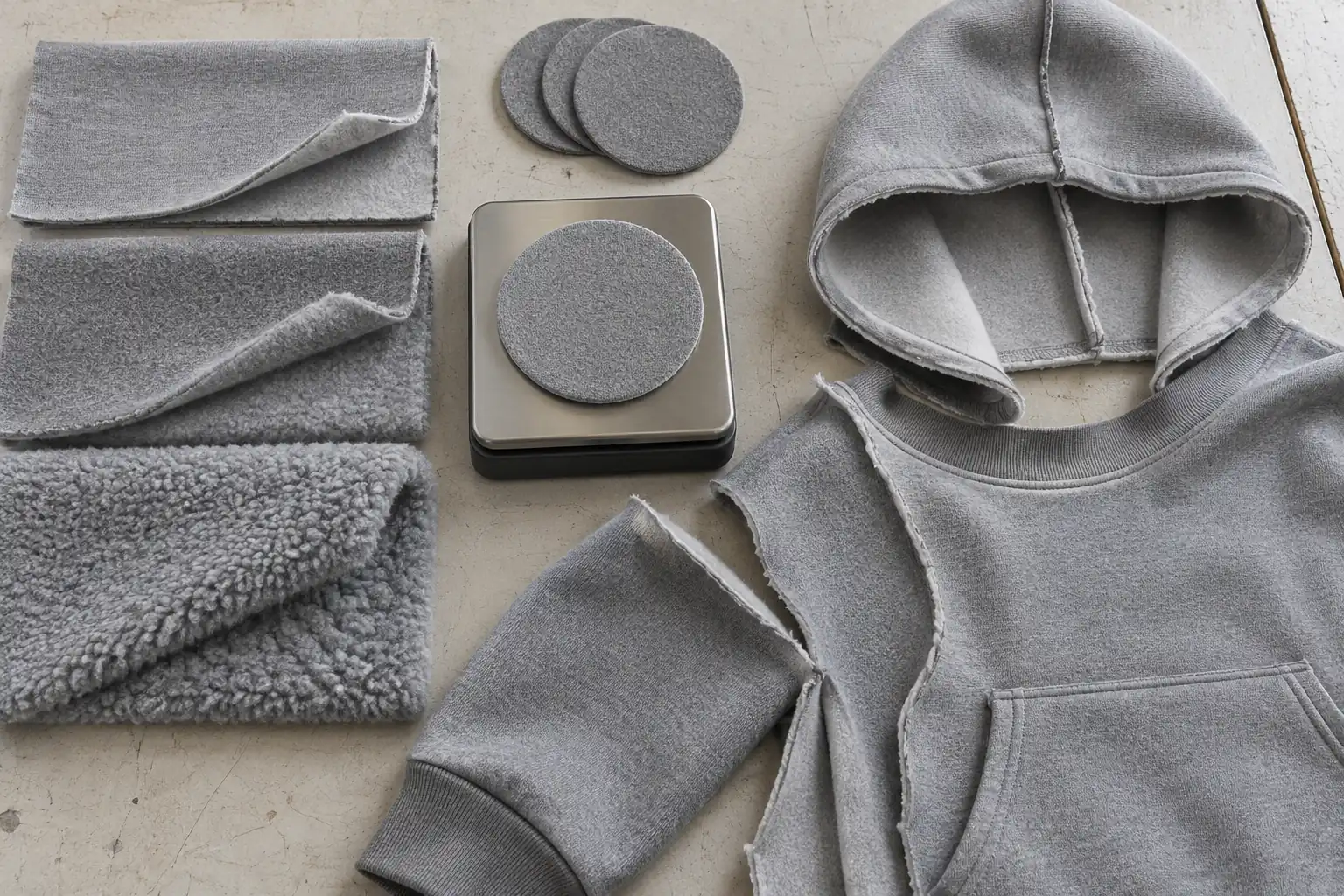 Fleece swatches arranged beside a fabric scale on a sampling table