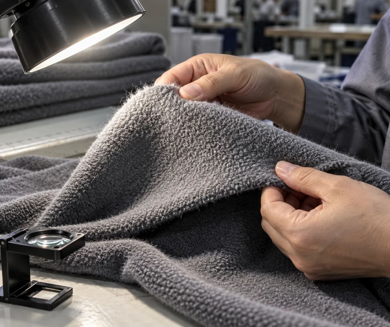 Technician examining the raised reverse of fleece under directional light