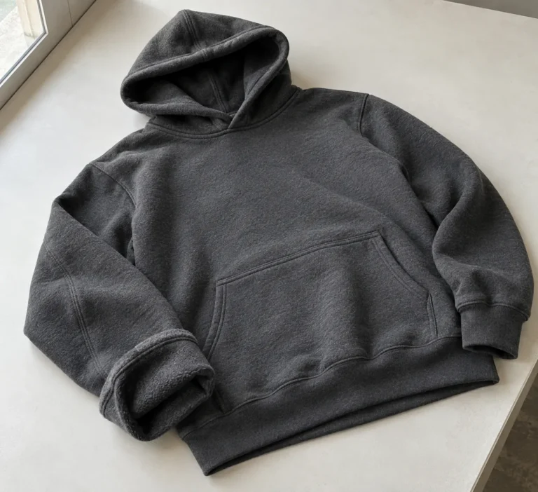 Photorealistic apparel documentary photograph of a finished unbranded charcoal fleece hoodie on a clean inspection bench