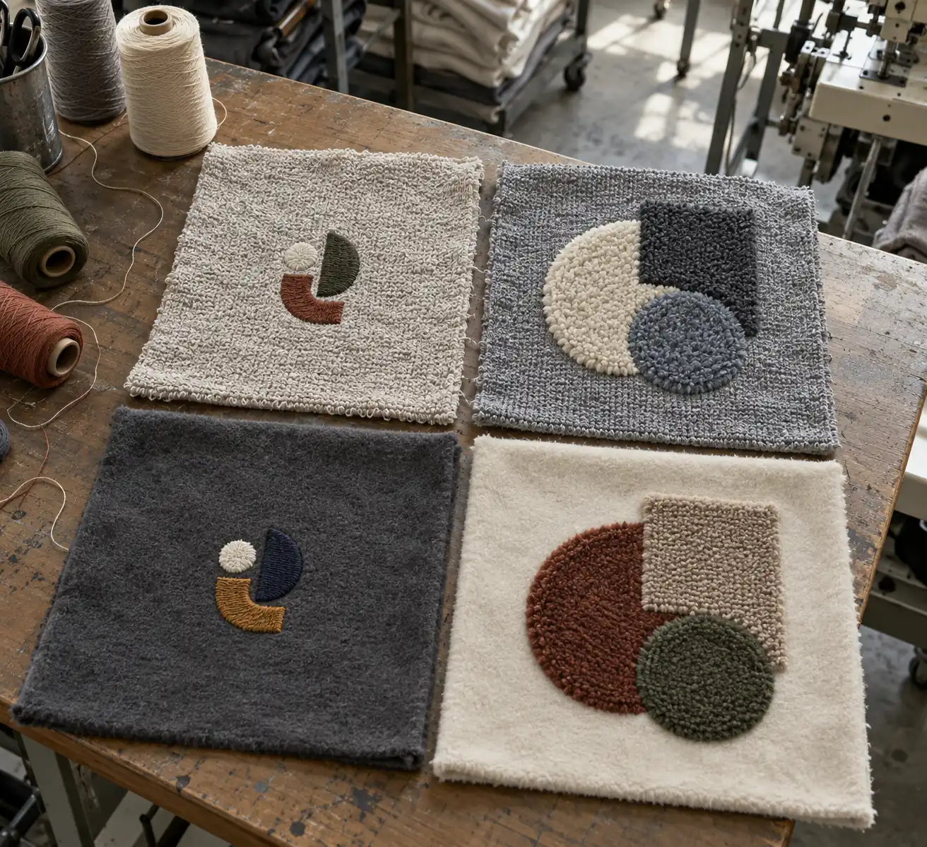 Four hoodie fabric panels comparing embroidered crests and chenille letters