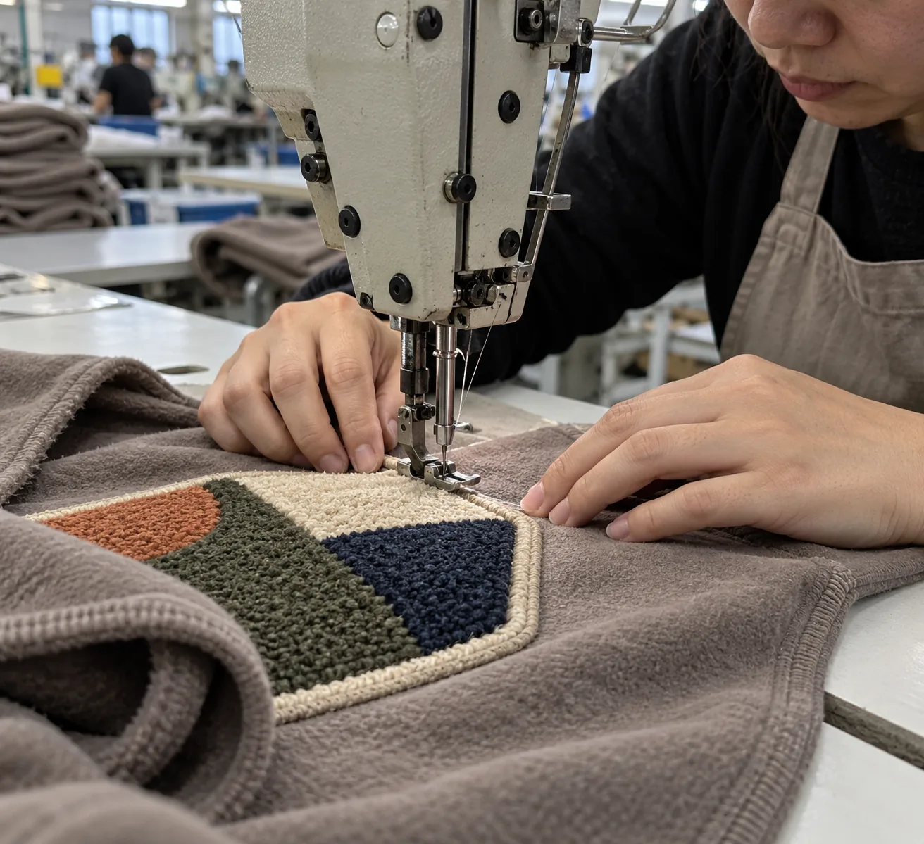 Operator sewing a chenille letter onto an open fleece hoodie front panel