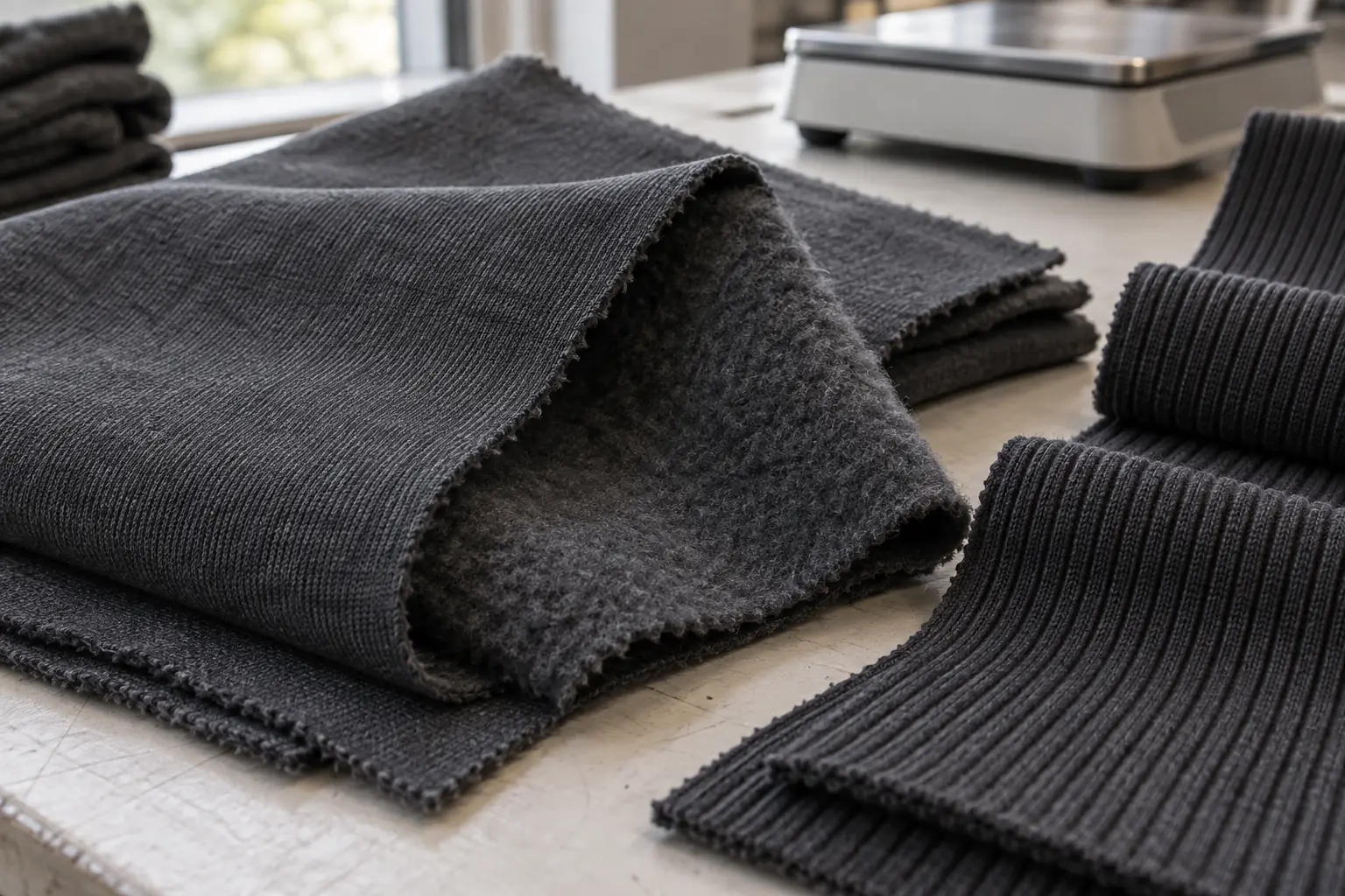 Fleece and rib swatches arranged for garment specification comparison