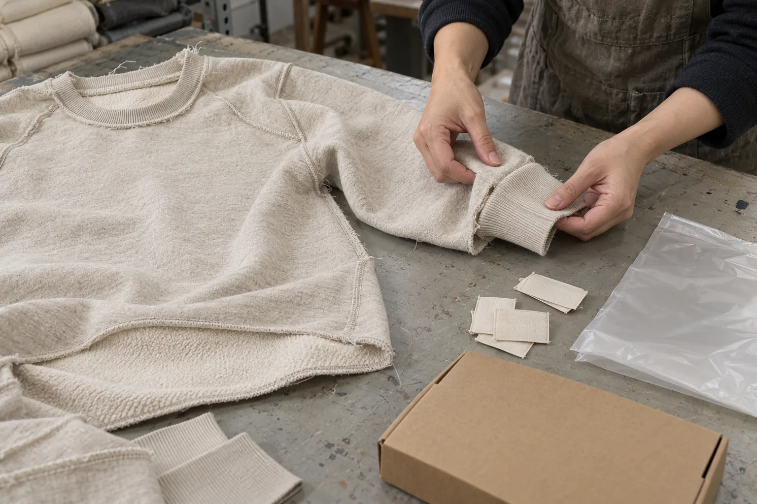 Sweatshirt sample with labels and packing materials on a sampling table