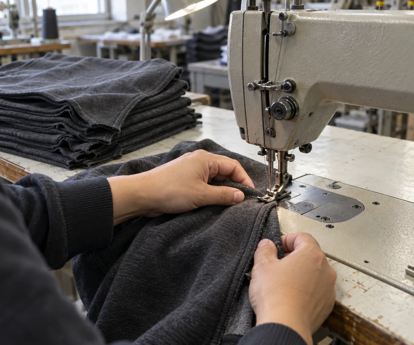 Operator sewing a sweatshirt seam beside matching garment panels