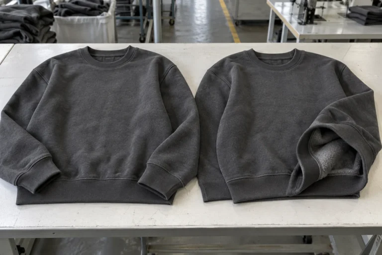 Photorealistic apparel production documentary photograph of two finished unbranded charcoal pullover sweatshirts laid si