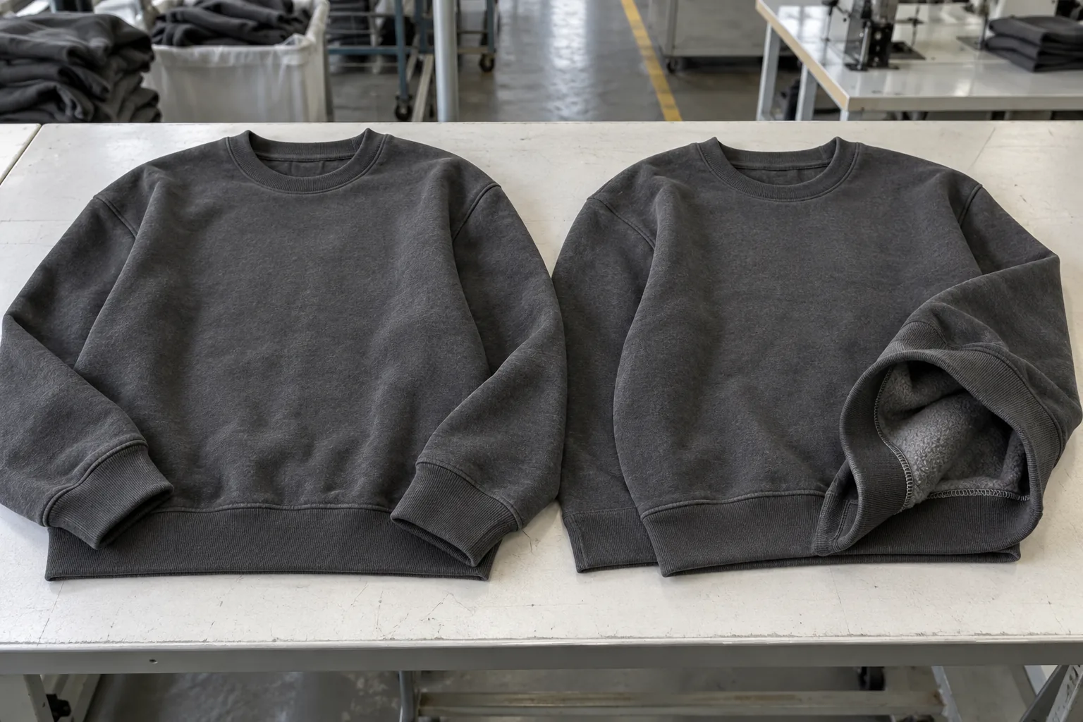 Photorealistic apparel production documentary photograph of two finished unbranded charcoal pullover sweatshirts laid si