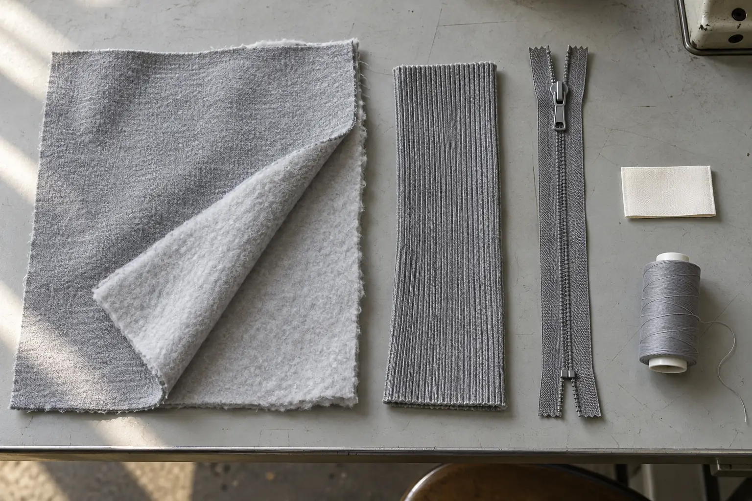 Fabric and trim components arranged for a sweatshirt bill of materials