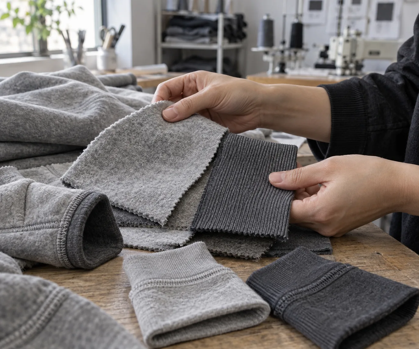 Technician comparing sweatshirt fabric and rib samples at a sampling table