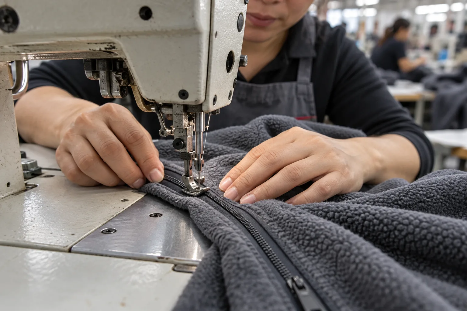 Sewing operator installing a zipper into a sweatshirt sample