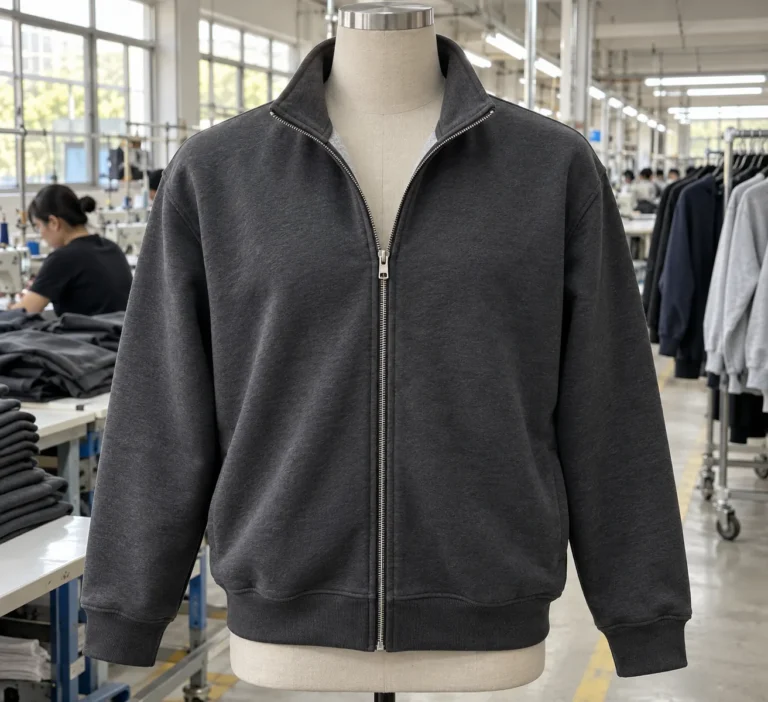 Photorealistic apparel factory documentary photograph of a finished charcoal zip sweatshirt on a neutral inspection form