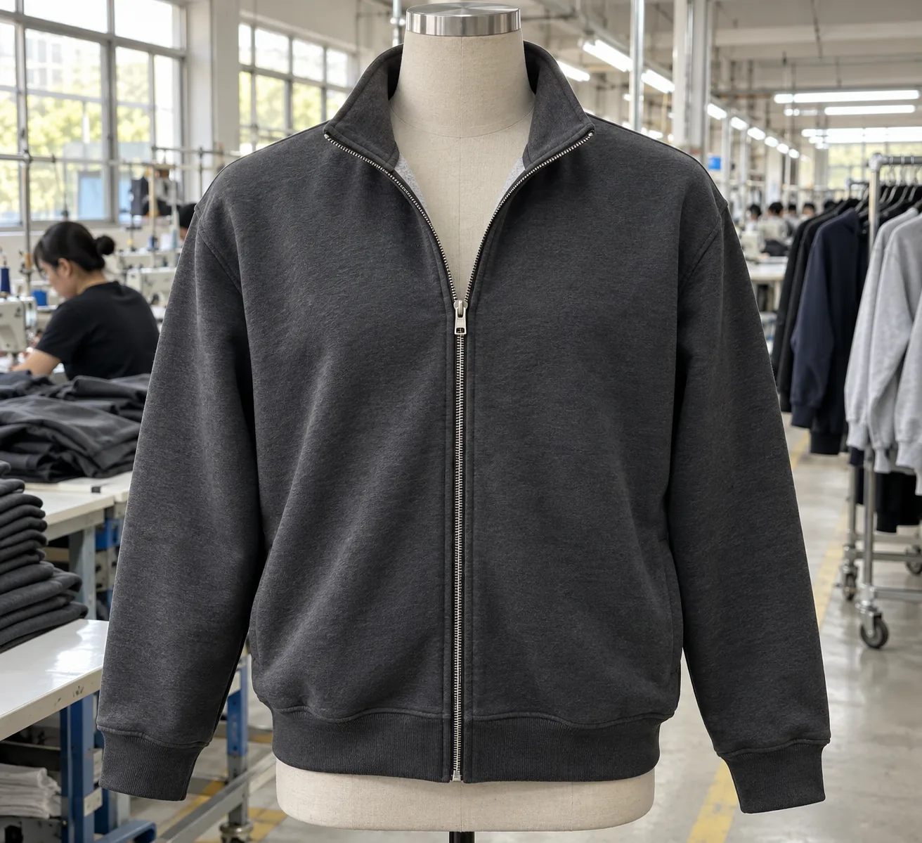 Photorealistic apparel factory documentary photograph of a finished charcoal zip sweatshirt on a neutral inspection form
