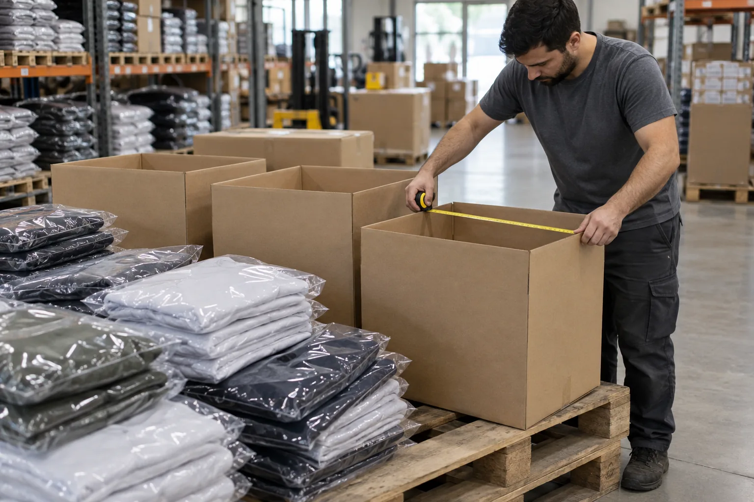 Packed garments and shipping cartons staged for warehouse receipt