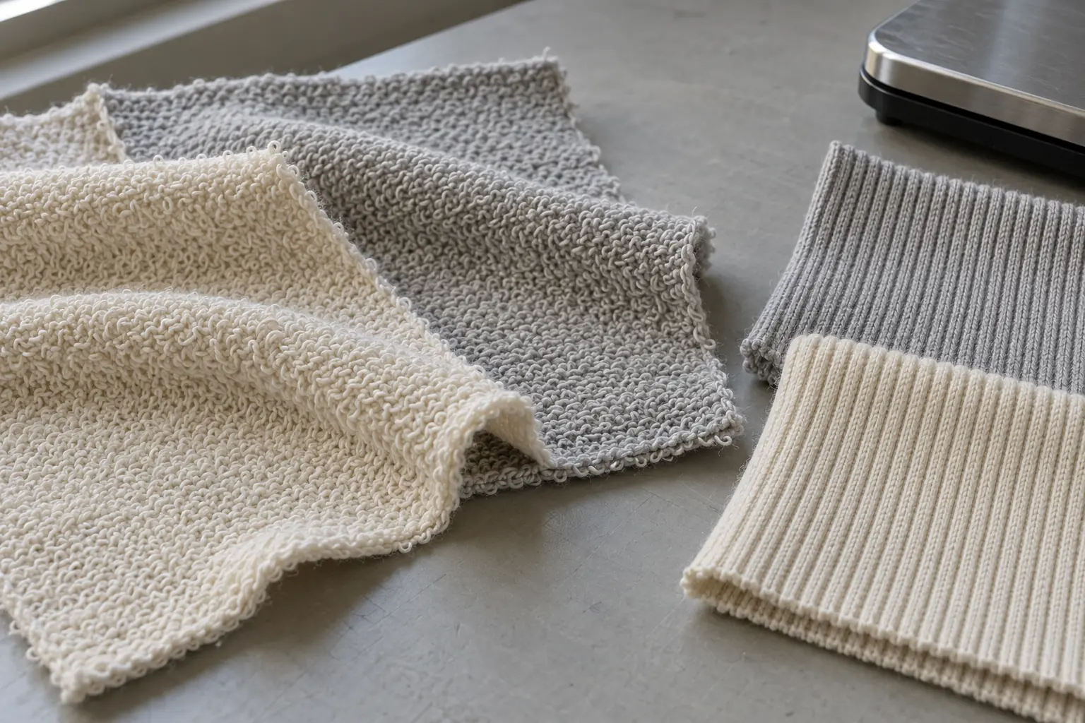Loopback fabric and rib swatches examined beside a fabric scale