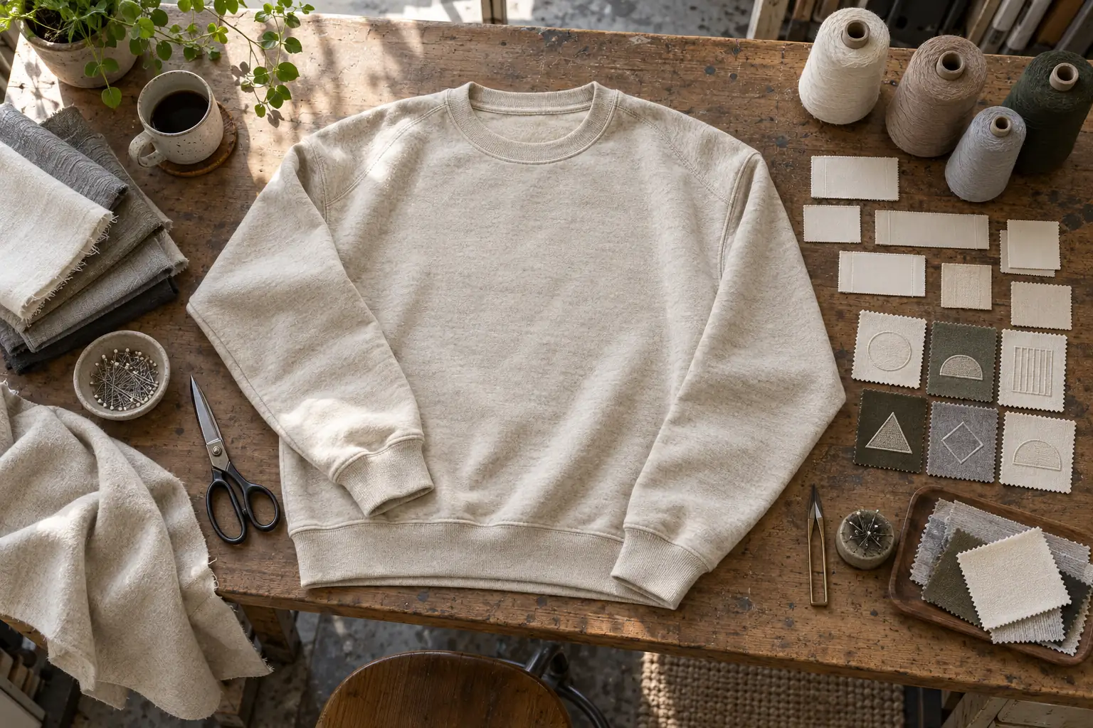 Sample sweatshirt with label and embroidery options laid out on a development table