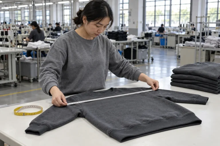 Photorealistic apparel factory documentary photograph of a quality inspector measuring a finished plain charcoal sweatsh