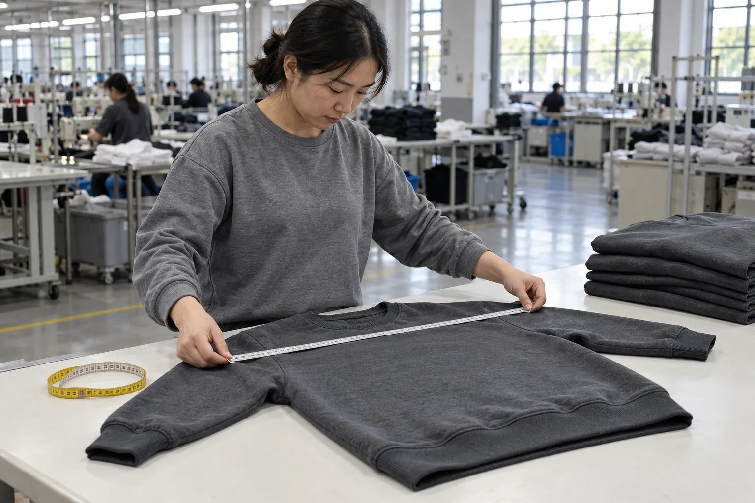Photorealistic apparel factory documentary photograph of a quality inspector measuring a finished plain charcoal sweatsh