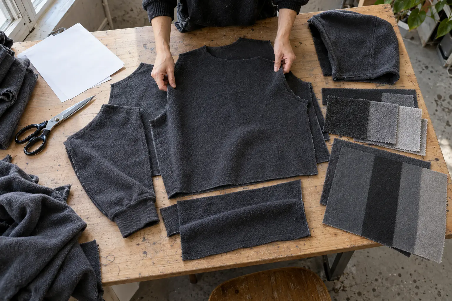 Technician arranging printed fleece panels and unprinted fabric references on a sampling table