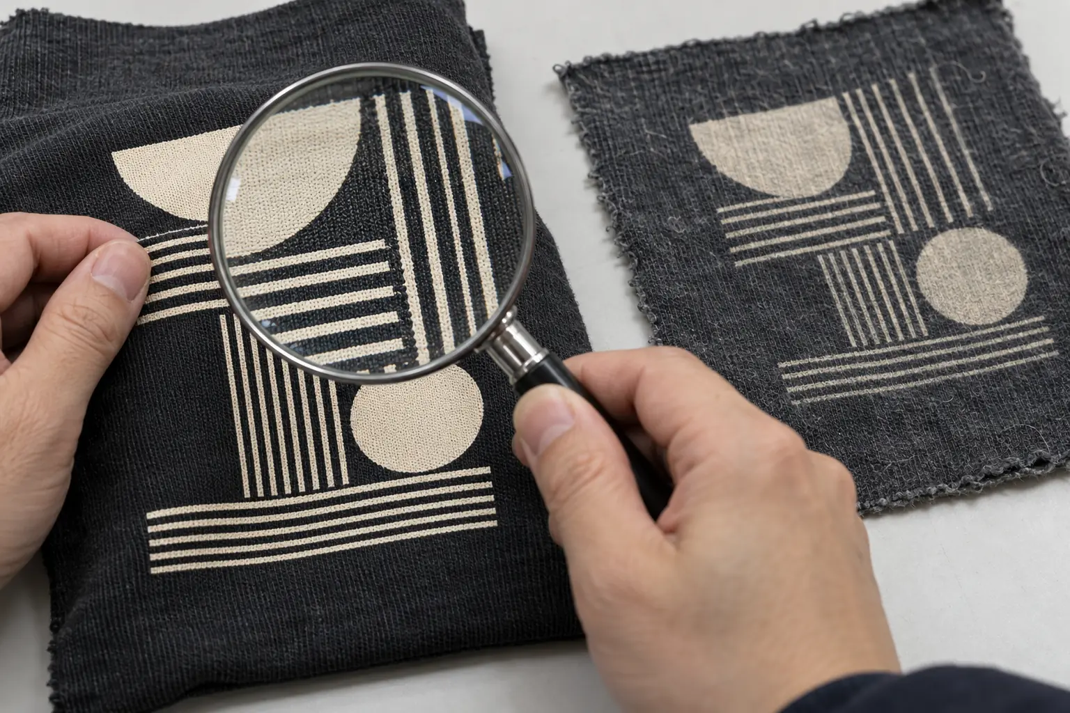 Hands inspecting fine lines and solid coverage on a small printed fabric trial