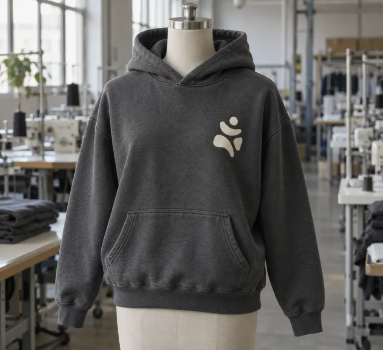 Photorealistic apparel factory documentary photograph of a finished charcoal fleece sweatshirt on a plain dress form, sm