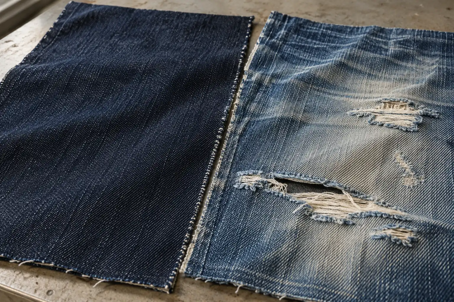 Clean dark denim and distressed denim laid side by side for comparison