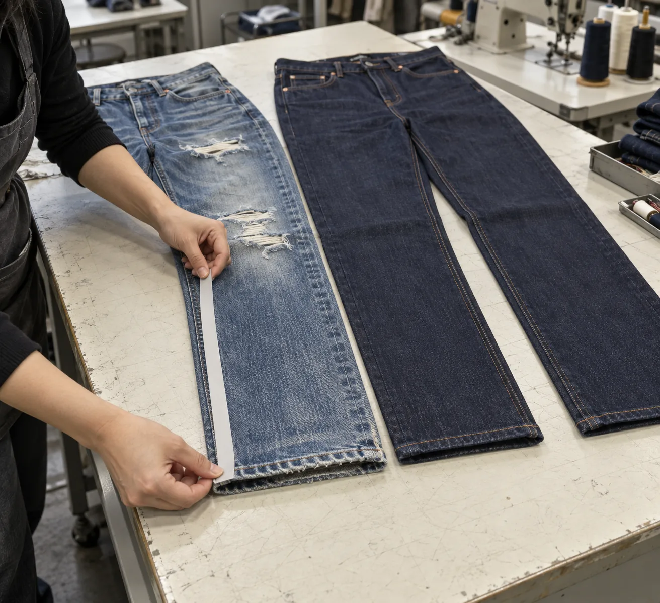 Technician measuring a finished denim leg beside a clean reference garment