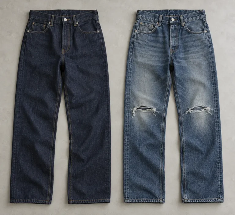 Photorealistic apparel development studio documentary photograph, two finished five-pocket jeans in the same relaxed sil