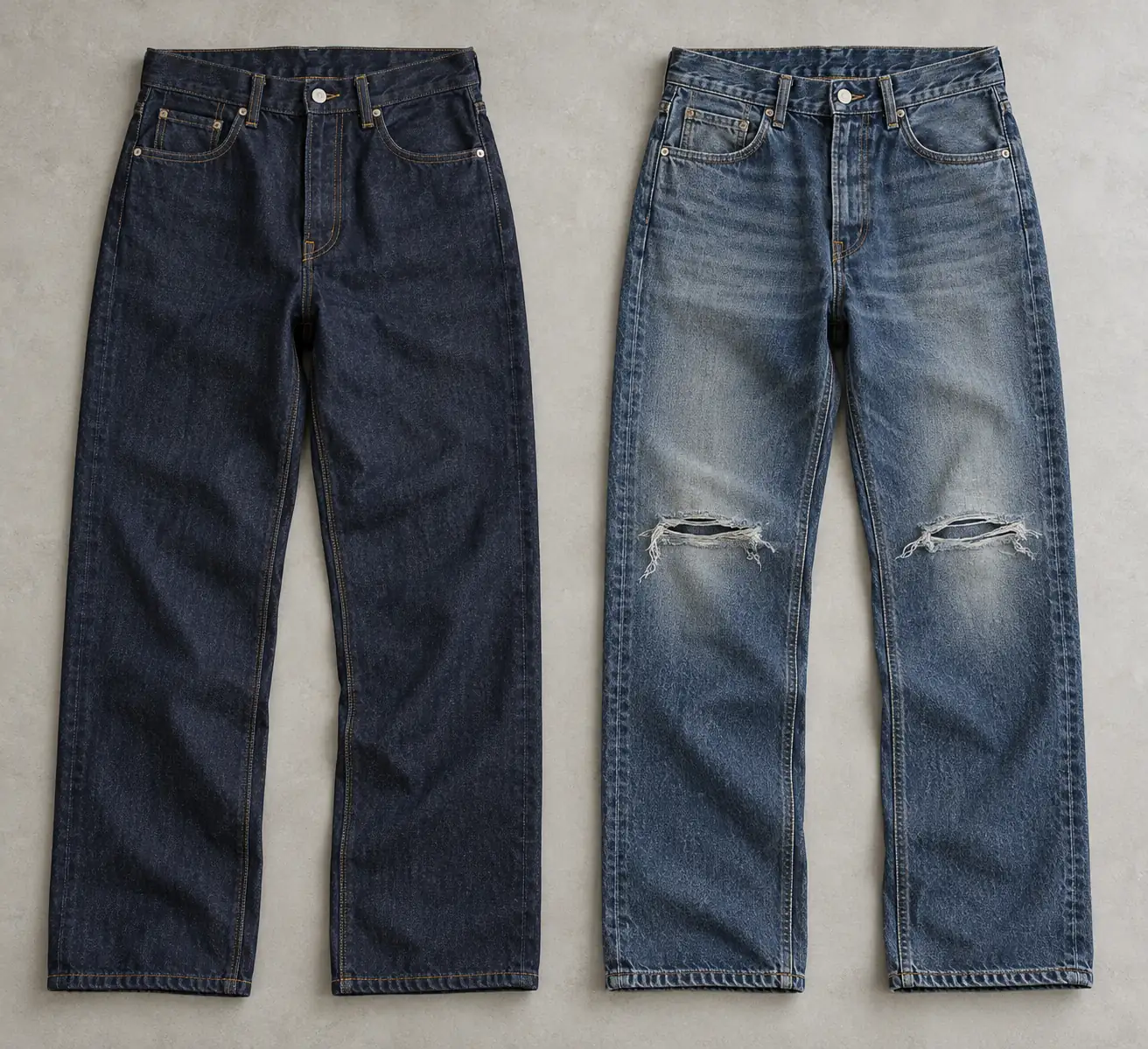 Photorealistic apparel development studio documentary photograph, two finished five-pocket jeans in the same relaxed sil