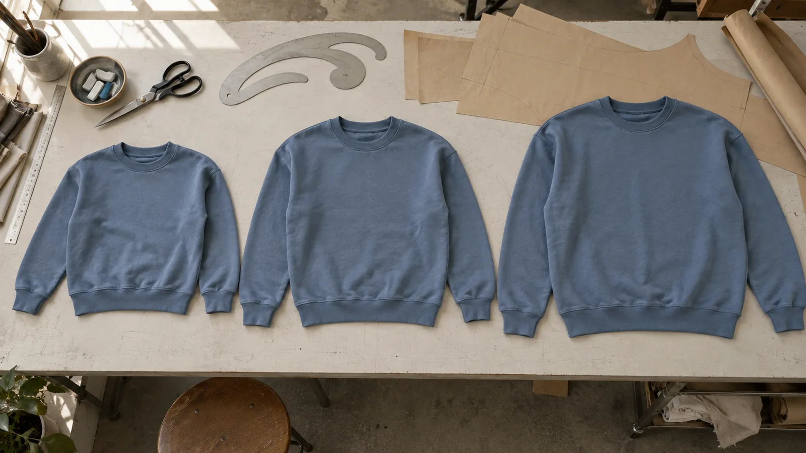 Different sizes of a pullover arranged for comparison on a sampling table