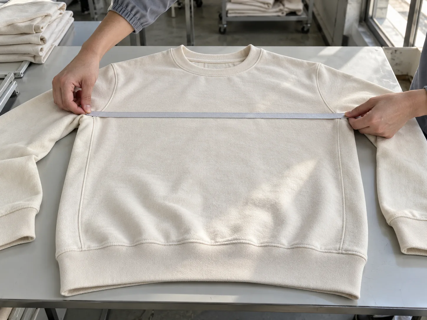 Technician measuring the chest width of a sweatshirt laid flat