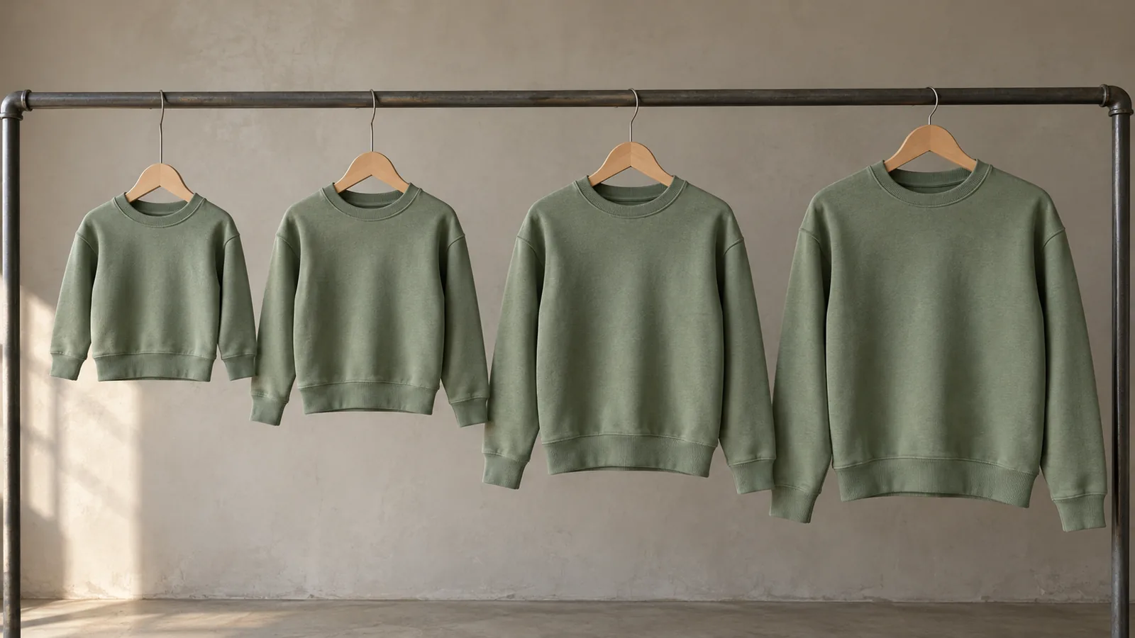 Finished sweatshirts in several sizes hanging together for proportion review