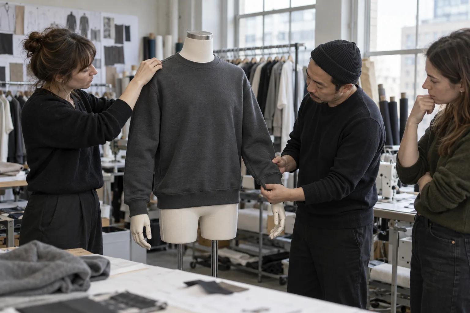 Photorealistic apparel development documentary photograph inside a garment sampling room, three buyer team members inspe