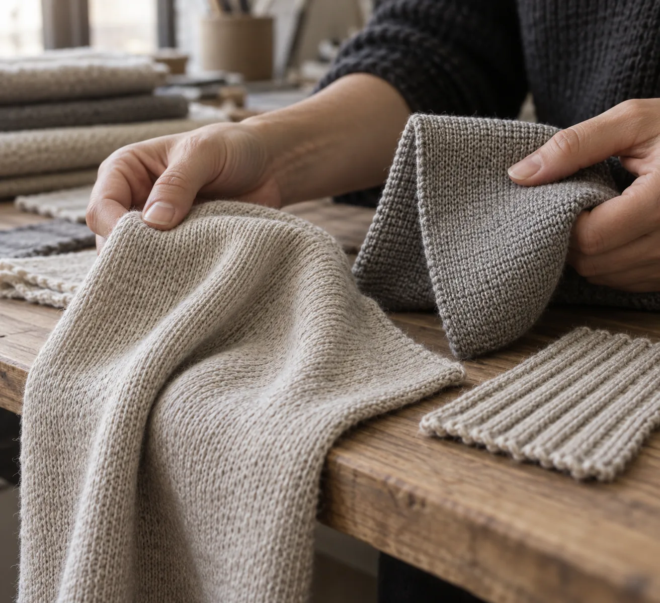 Technician comparing knit fabric swatches for stretch and drape
