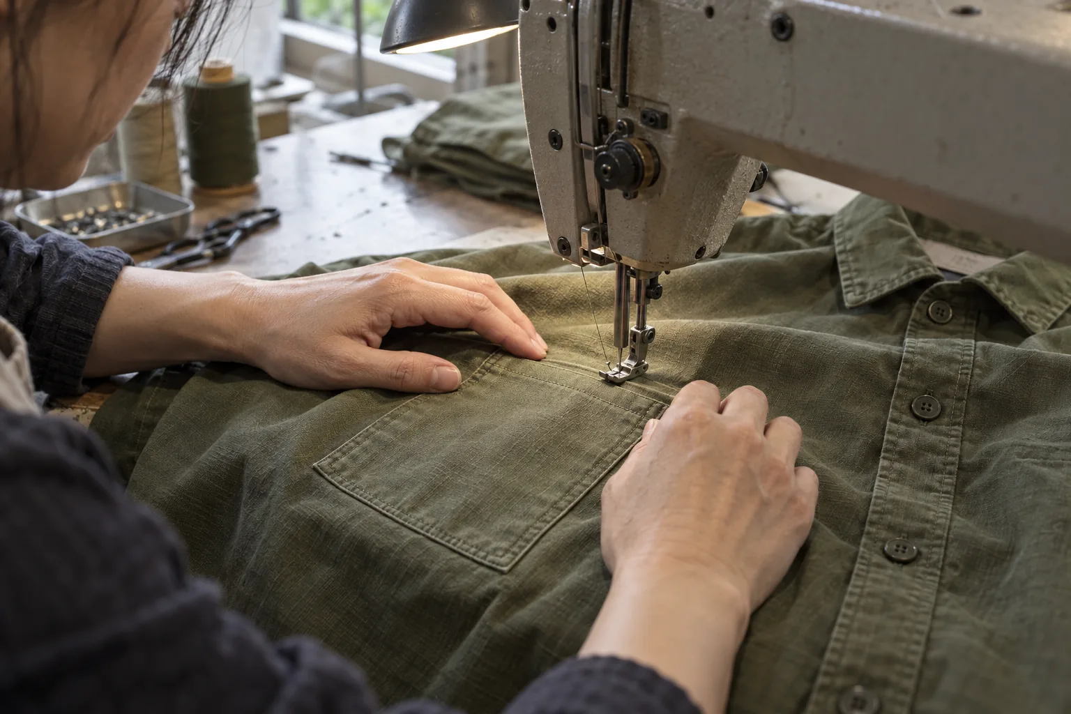 Sewing operator finishing a pocket on an unbranded overshirt