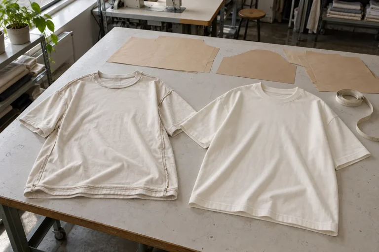 Photorealistic apparel workshop documentary photograph, two unbranded oversized jersey tees side by side on a sampling t