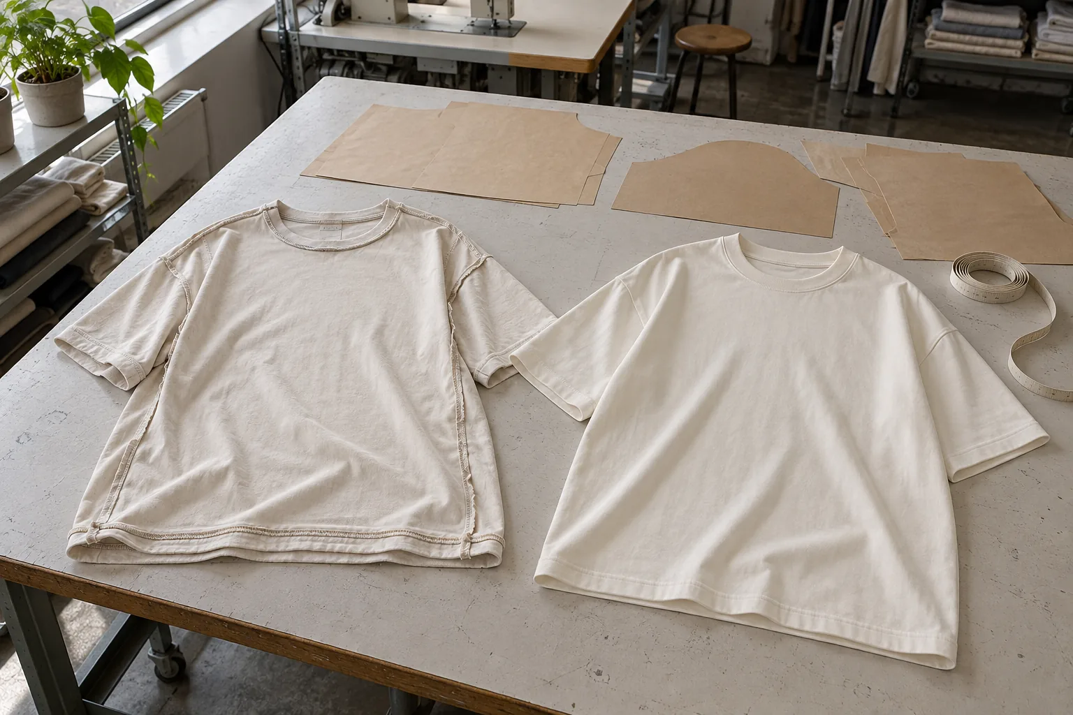 Photorealistic apparel workshop documentary photograph, two unbranded oversized jersey tees side by side on a sampling t
