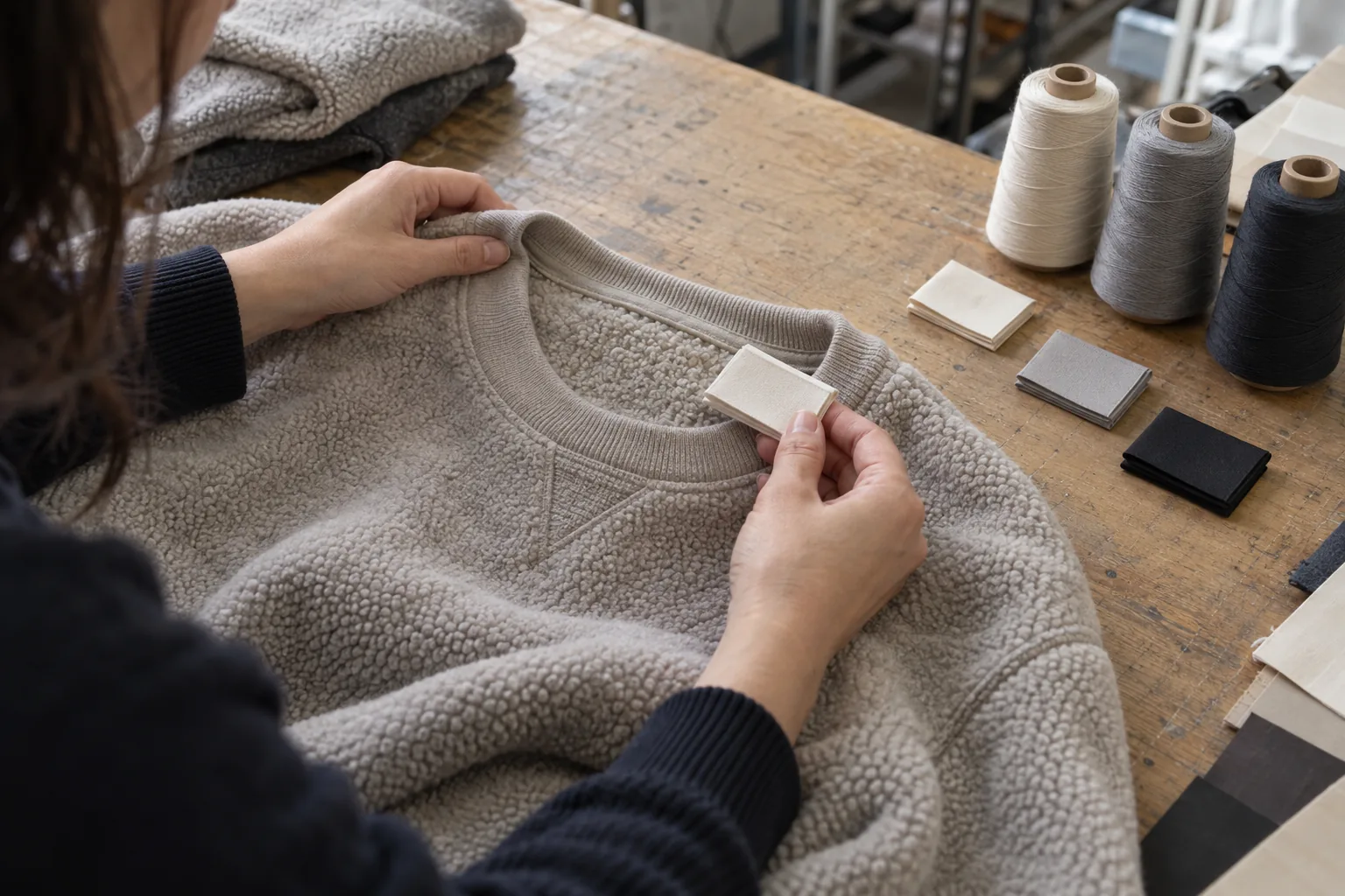 Unmarked garment samples and trim options arranged for a buyer review