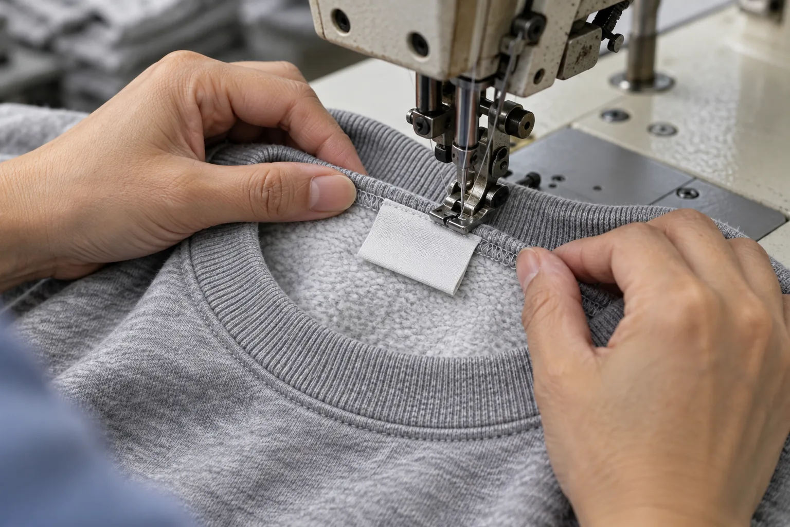 Sewing operator attaching a plain folded label inside a sweatshirt neckline