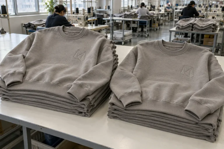 Photorealistic apparel factory documentary photograph of finished heavyweight sweatshirts from two production batches la