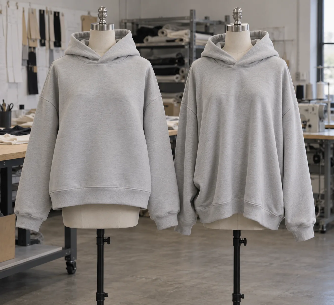 Unbranded hoodies showing different fabric drape on garment forms