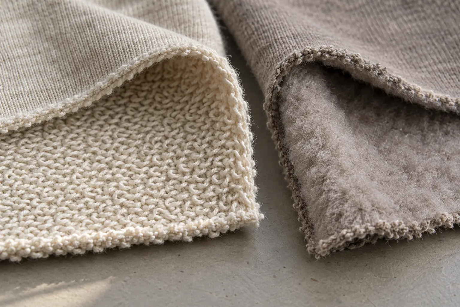 Loopback and brushed fleece swatches arranged for fabric comparison