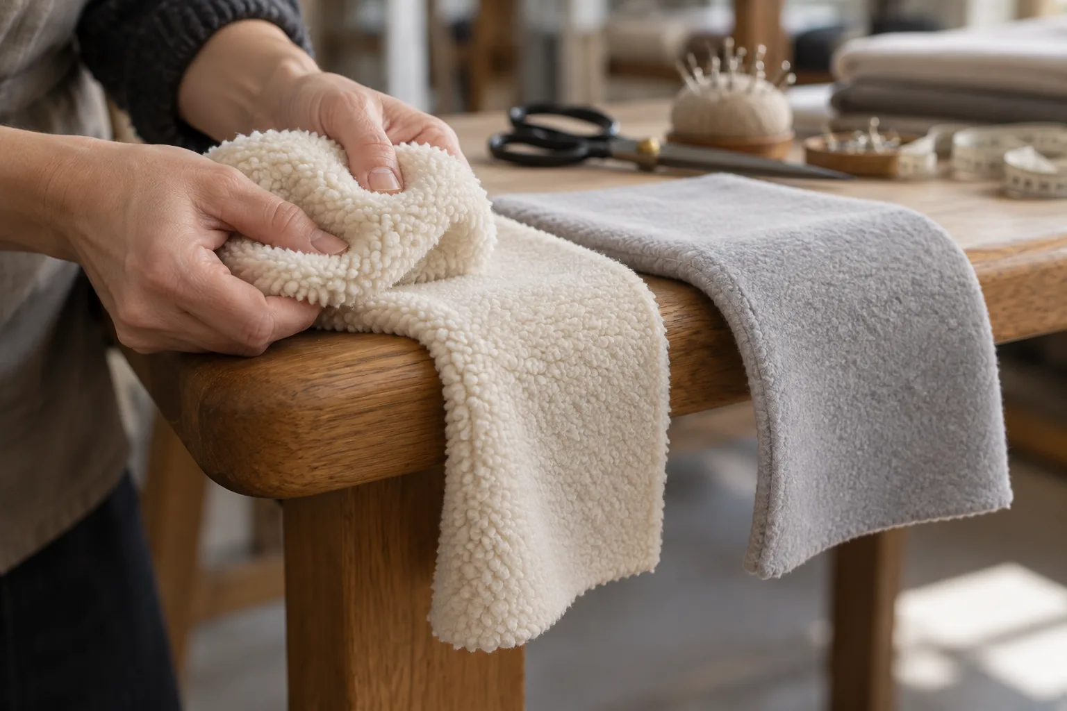 Sample maker comparing fleece bending and compression at a development table