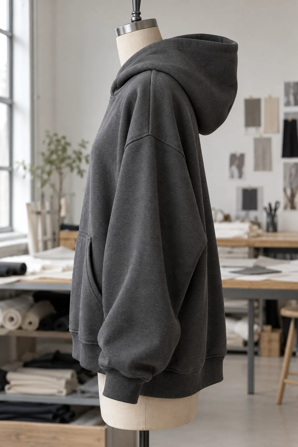 Photorealistic apparel development studio documentary photograph, finished unbranded charcoal oversized hoodie on a dres