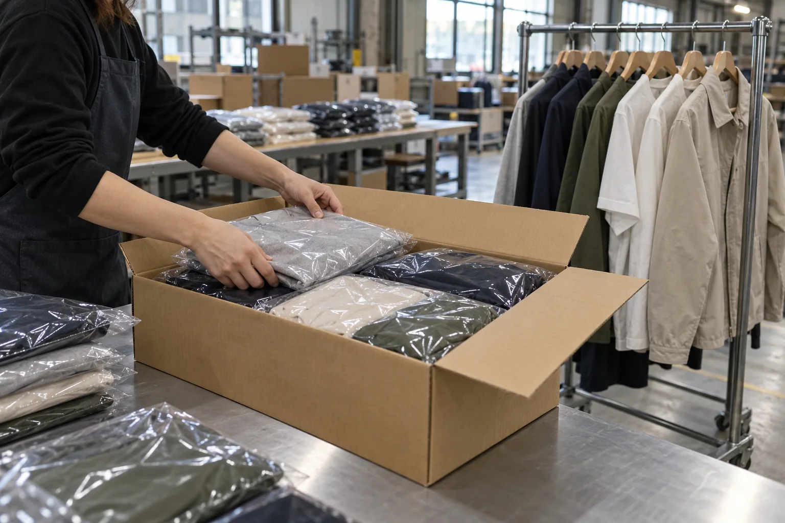 Folded apparel prepared in protective bags beside a retail presentation sample