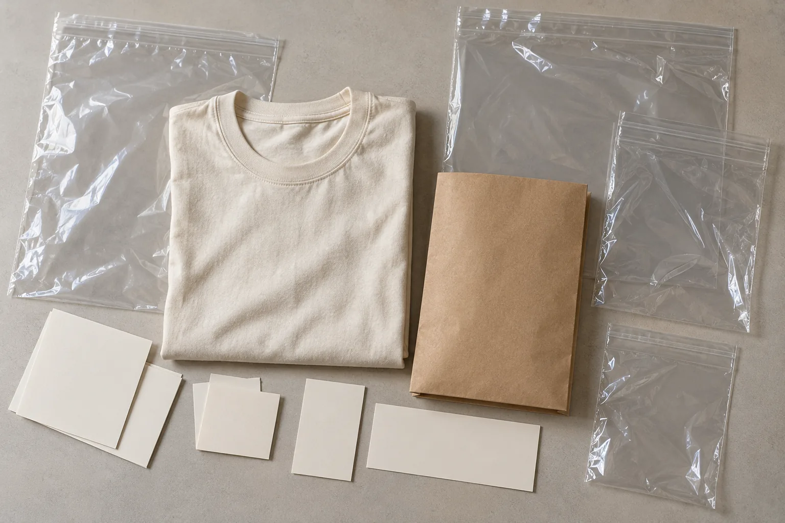 Unbranded bag and folded garment samples on a packaging development table