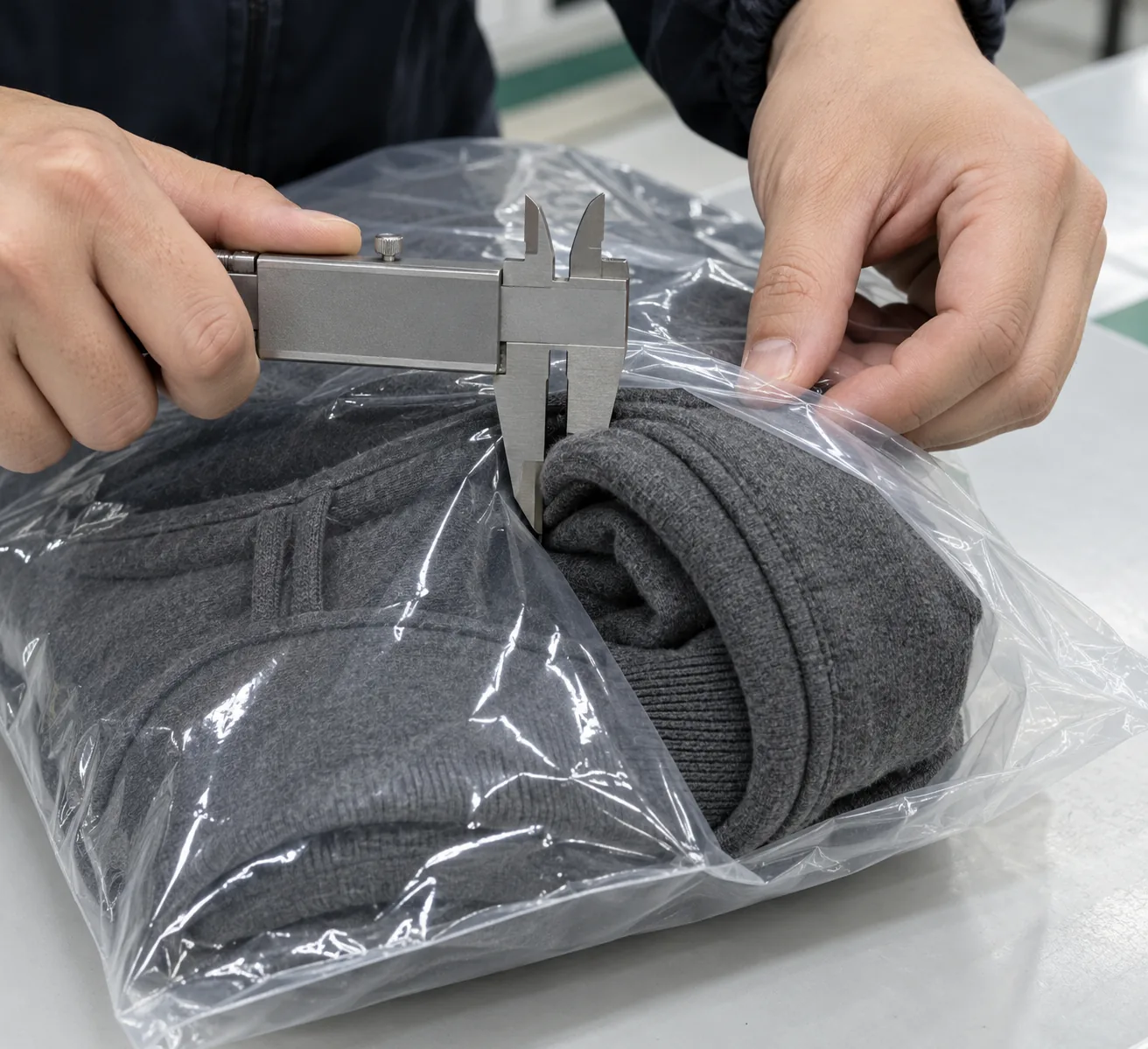 Inspector measuring a folded sweatshirt and checking clearance inside a clear bag